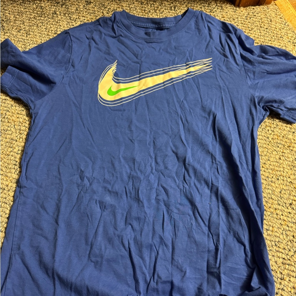 Nike Blue Tee with Yellow and Green Swoosh